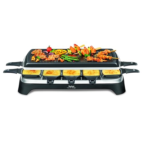 Tefal Raclette Grill Ambiance, Raclette 10 Personen, inkl. Tischgrill-Funktion, Grillplatte antihaftbeschichtet + spülmaschinengeeignet, abnehmbares 2 Meter-Kabel, schwarz, Edelstahl, 1350W, RE4588