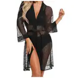 Dessouse Damen Sexy Reizwäsche, Damen Kimono Transparent Spitze Morgenmantel Feder Nachtwäsche Sexy Dessous Damen Für Sex V-Ausschnitt Negligee mit Gürtel Sexy Dessous Outfit Lingerie