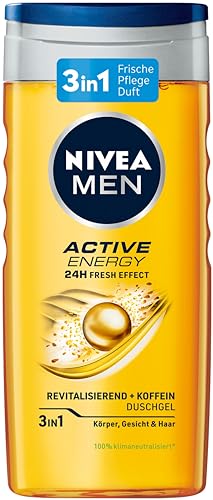 NIVEA MEN Active Energy Duschgel (250 ml), pH-hautfreundliche Pflegedusche mit 24h Frische-Effekt, Männer Duschgel mit Koffein für Körper, Gesicht und Haar