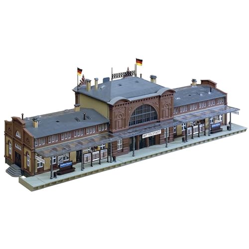 FALLER Bahnhof Mittelstadt Modellbausatz mit 335 Einzelteilen 446 x 160 x 130 mm I Modelleisenbahn Zubehör H0 Gebäude I Modelleisenbahn H0 Bahnhof