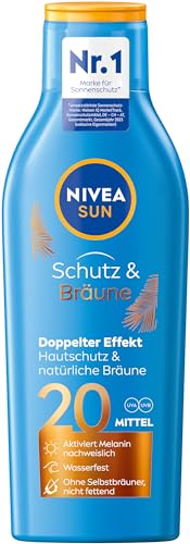 NIVEA SUN Schutz & Bräune Sonnencreme LSF 20 (200 ml), Sonnenmilch mit Pro-Melanin-Extrakt für eine ebenmäßige Bräune, sofortiger Sonnenschutz mit UVA/UVB-Filtersystem