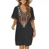 Vakakado Frauen Sommer Boho Mexican Peasant Dress Kurzarm Floral Bestickte Flowy Kleider Lose Hippie Bohemian Tunika (M, 446-Schwarz)