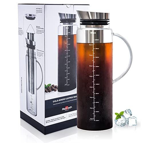 Aquach Cold Brew Coffee Eistee Maker & Fruit Pitcher – Großes Fassungsvermögen 1,9 l – mit robuster Glaskaraffe / feinmaschigem Stahl-Teesieb / luftdichtem Deckel