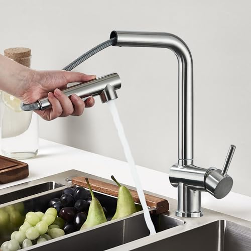 Wasserhahn Küche Edelstahl Ausziehbar Gebürstetes Nickel 360° Drehung Rozin Hochdruck Wasserhahn Küchenarmatur mit Brause Ausziehbar Kalt und Heißt Wasser