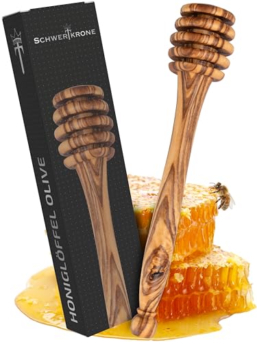 SCHWERTKRONE® Honiglöffel Holz [PREMIUM OLIVENHOLZ]- Holzlöffel Honig - Honig Löggel Geschenkidee Honigliebhaber - Honigspirale Honigstab - Honig Löffel Olive - Honigheber aus Holz (Länge: 15cm)
