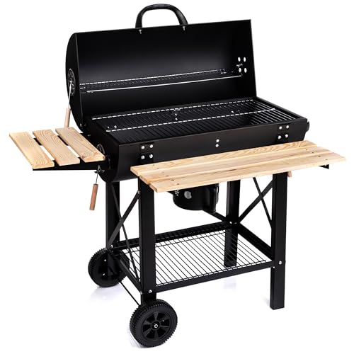 Lehmann LGACG-1935 Holzkohlegrill mit Grillrost XL, Deckel und Rädern, Grillwagen mit zwei Holzablagen und nicht wärmender Griff, Kohlegrill für Garten, Terrasse, Camping