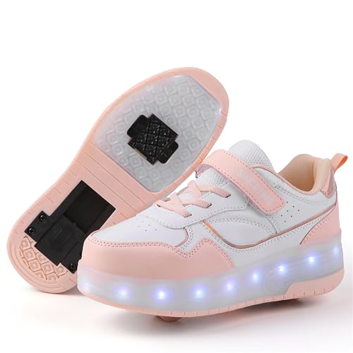 Schuhe mit Rollen für mädchen Jungen Verstellbare Rollschuhe Schuhe Einziehbar Turnschuhe mit Rollen für Kinder LED Blinkend Roller Skate Shoes für Outdoor-Sportarten,Rosa,39EU