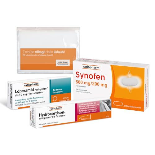 Für den Urlaub: die ratiopharm-Reiseapotheke. Synofen bei Schmerzen, Hydrocortison-ratiopharm® bei Sonnenbrand und Loperamid-ratiopharm® bei Durchfall. Mit Flüssigkeitsbeutel für Flugreisen.