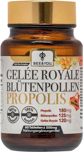 Bee&You Propolis, Gelée Royale, Blütenpollen Tabletten 500mg - 60 Tabletten, Keine Zusatzstoffe, Fairer Handel, 100% natürlich, ohne Zusatzsstoffe, hochdosiert, Schutzharz der Bienen, Propolis Kapseln