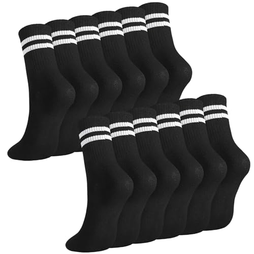 Utensilsto 6 Paare Damen Socken, schwarz Sportsocken Tennissocken Sport Socken mit Streifen Baumwolle Socken Damen