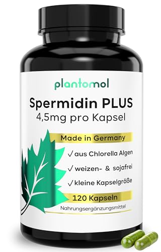 4,5mg Spermidine PRO Kapsel aus CHLORELLA ALGEN EXTRAKT - frei von Weizenkeim-Extrakt & glutenfrei - Spermidin PLUS - Spermidin Kapseln hochdosiert von plantomol® - vegan - 540mg Spermidin/Dose