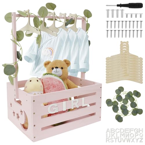 Holz Babykorb mit Griff Babyparty Schrank Praktischer Holzkiste für Babyparty mit 10 Puppenkleiderbügel und 24 Brief 40x30x55CM Baby Aufbewahrungskiste für Jungen Mädchen Schwangerschaft Neue Eltern