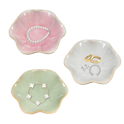 YoHyien 3 Stück Keramik Schmuckschale, Blumenform Schmuckteller, Deko Schmuck Schale, Jewelry Tray Aesthetic Room Decor, Ringschale für Schlafzimmer, Schminktisch, Nachttisch (Rosa + Grün + Grau)