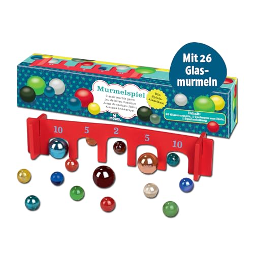 Klassisches Murmelspiel – Spieleklassiker für Kinder, 26 Murmeln aus Glas und Holzbogen im Set, Indoor- & Outdoor-Spiel, Mitbringsel zum Kindergeburtstag, Ostern, Adventskalender, Glasmurmeln