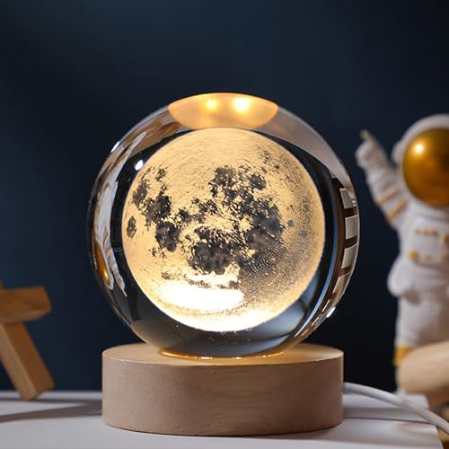 3D Kristallkugel Nachtlicht,USB 3D Mond Planeten Sonnensystem Universum Lampe,Glaskugel Lampe mit Holzsockel,Weihnachten Geburtstag Valentinstag Astronomie Geschenke LED Ball Lampe