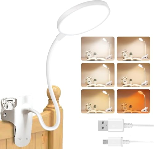 Bteng Leselampe Bett, 36 LED Klemmlampe mit Touch Dimmbar 6 Farben und 5 Helligkeit Augenschutz Klemmleuchte Kinder USB Wiederaufladbar Nachttischlampe Klemmbar für Studieren Arbeiten, Weiß