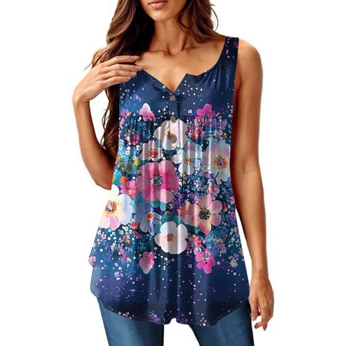 Shirts Damen Sommer, 100% Polyester Blau Geblümt, t-Shirt Damen t-Shirt blusenverlängerung Damen Tanktop Damen Damen t Shirt Kurzarm Damen Shirt elegant Damen Kurzarm Shirt obertei, M
