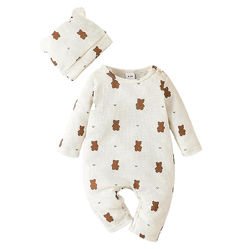 MaNMaNing Kleinkind Jungen Mädchen Langarm Cartoon Bär Drucke Strampler Neugeborenen Bodys Overall Outwear Mit Hut Outfits (Beige, 0-3 Months)