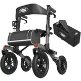 VOCIC Rollator Faltbar und Leicht mit Sitz,Outdoor Rollator mit Gummi-Nonluftbereifung für Allen Gelände,Aluminium Höhenverstellbare Rollatoren für Draußen&Langlauf&Reisen,Grau(5 Jahre Garantie)
