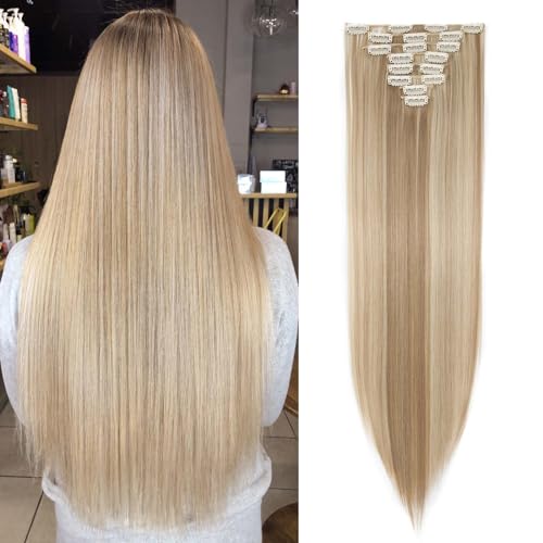 SEGOHAIR Clip In Extensions Haarverlängerung SET 8Pcs 18 Clips Voller Kopf Wie Echthaa Glatt - Synthetisches Haarteil Für Damen 26"(66cm) Sandy Blonde Mischung Bleach Blonde