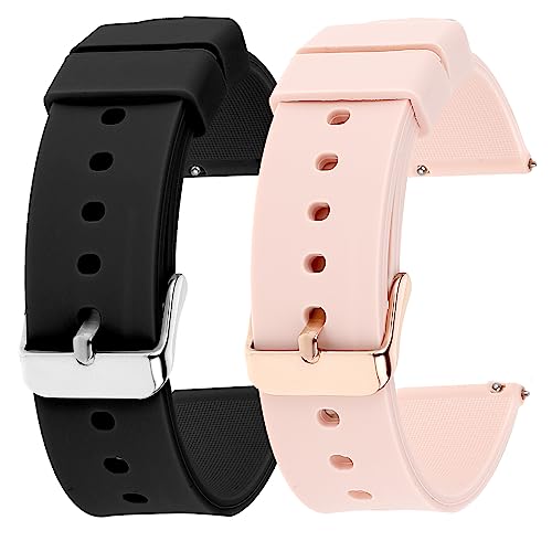 cobee 2 Stück Silikon Uhrenarmbänder schnell lösbare wasserdichte weiche Uhrenarmbänder mit schwarzer oder silberner Edelstahlschnalle, kompatibel Sportuhren Armbändern (22 mm, schwarz und rosa)