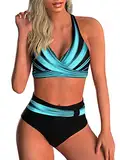 Adigaber Damen Zweiteiliger Badeanzug V Ausschnitt überkreuztes Blumenmuster Bikini Bademode Bauchkontrolle Bikini Sets XL Blau gestreift