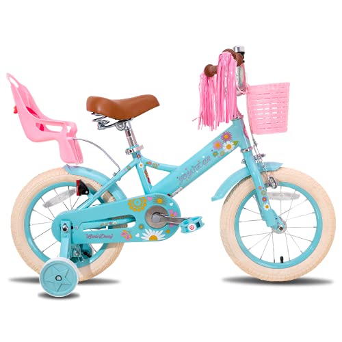 JOYSTAR Little Daisy 14 Zoll Kinderfahrrad für 3 4 5 Jahre Mädchen Kleinkinderfahrrad mit Stützrädern Prinzessin Kinderfahrrad mit Korb Fahrradschlangen Kleinkindfahrrad Fahrräder Blau