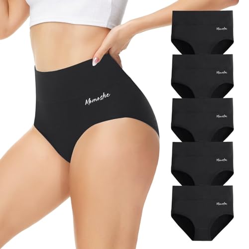 Momoshe Bauchweg Unterhose Damen Unterhosen Frauen Sport Slips Pantys High Waisted Stretch Atmungsaktiv Tanga Menstruationsunterwäsche Schwarz 5er Pack S