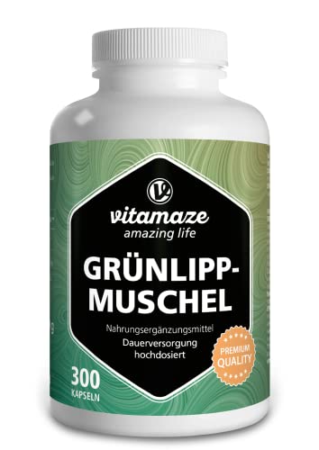 Grünlippmuschel Kapseln hochdosiert: 1500 mg Grünlippmuschel Pulver aus Neuseeland pro Tagesdosis, 300 Kapseln Dauerversorgung, Natürliche Nahrungsergänzung ohne Zusätze, Made in Germany