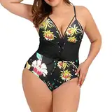 Generisch Frauen Plus Size Badeanzug V-Ausschnitt Backless Badeanzug Bauchkontrolle BadeanzüGe Bedruckte Tunika Strand Badeanzug (XXL,Schwarz 2)