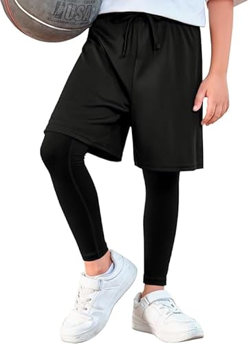 Haloumoning Jungen Kompressionshose 2 in 1 Sport Leggings Kinder Laufshorts Sporthose Schnelltrocknend Kurze Hose Fußball Basketball Athletic Leggings Schwarz 120