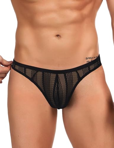 ohyeahlady Herren Tanga Sexy Unterwäsche Netz Slip Große Größen Sissy Dessous Männer String Mesh Unterhosen G-String Low-Rise Höschen Atmungsaktive Briefs Underwear Schwarz Badeslip XL