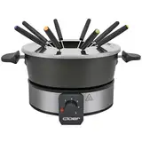 Cloer 6679 Fondue für 8 Personen, beschichteter Aluminiumtopf, inklusive Spritzschutz, 8 farbig markierte Gabeln 1,5 Liter, 1000 W, silber, schwarz