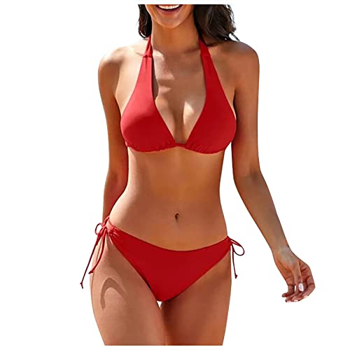 Bikini Damen 2 Piece Bikinis Spaghetti Strap Top Thong Swimsuit Bathing Suit Bikini Sets for Women Bauchweg Sexy Brazilian Tie Bikini Bikini Damen Große Brüste Rot S