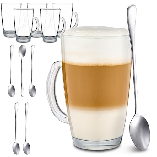 6 Latte Macchiato Gläser mit Henkel und Löffel - 300ml - Hält lange warm - Ideale Größe für Kaffeevollautomaten - Spülmaschinenfest