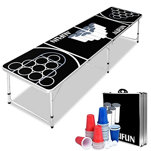 YRHome Beer Pong Tisch Set inkl. 100 Becher 50 Rot & 50 Blau, 5 Bälle, Premium Höhenverstellbar Bierpong-Tisch aus Aluminium und MDF, Classic Party Spiel, Schwarz