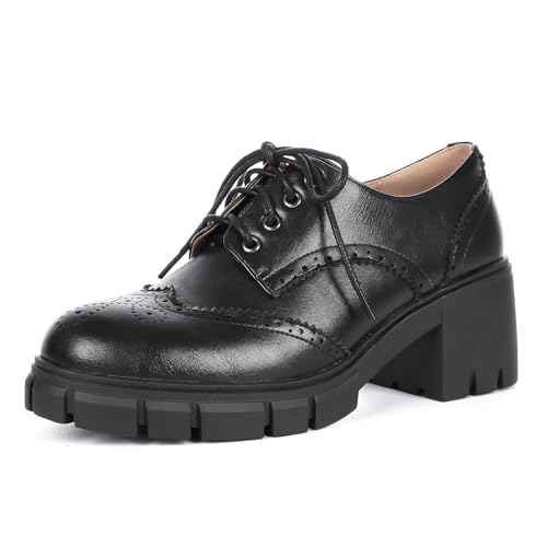 ErikenUrben Plateau Oxford Schuhe Damen Chunky Heel Vintage Schnürhalbschuhe Oxfords Wingtip Schuhe Lug Sole Gemütlichable Arbeit Business Pumps Schnüren Black Große 39