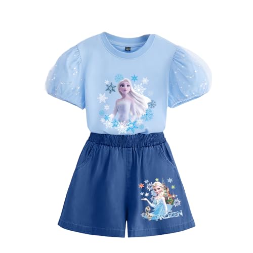 Fancyland Frozen Mädchen Tutu Rock und T-Shirt Set| Anna und ELSA Kinder|Mädchen Prinzessin Sequin Skirt (Tshort Blau, 120)