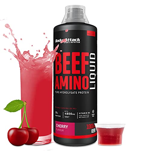 Body Attack Beef Amino, Cherry, 1000ml - Made in Germany - fruchtig leckere & flüssige Protein Quelle, 30g Protein pro Tagesration, hochdosierte Aminosäuren vom Rind, 4800mg EAA & 2100 mg BCAA