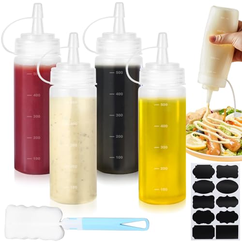 CoKeeSun 4 Stück Squeeze Flasche, 500ml Quetschflasche mit Kappen, 16oz Saucenflasche, Kein Leck Condiment Flaschen mit Reinigungsbürste für Backen Ketchup Scharfe Soße Olivenöl Senf Malen Pigment