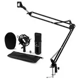 auna CM001B Mikrofon-Set V3 Kondensatormikrofon + Mikrofonarm (XLR-Mikrofon, Niere, Mikrofonspinne, Windschutz, Faltbarer Mikrofonarm mit Tischplatten-Klemmschraube) schwarz