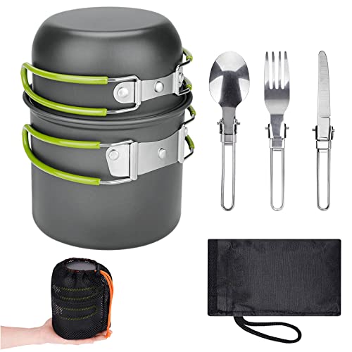 ERBO Camping Kochgeschirr Set, Camping Topf aus Aluminium, Outdoor Kochgeschirr mit Faltbare Besteck, Campinggeschirr 2 Personen, Camping Geschirr für Wandern Angeln Picknick, FDA Zertifiziert (Grün)