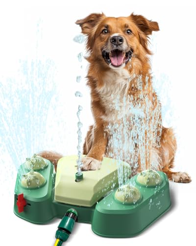 Dufuso Hundespielzeug Wassersprinkler, Outdoor Wasserspielzeug für Hund, Trinkbrunnen mit Zwei Düsen rutschfeste Einstellbare Wasserhöhe, Sommer Hundebrunnen für Rasen Garten Haustier Freienspiel