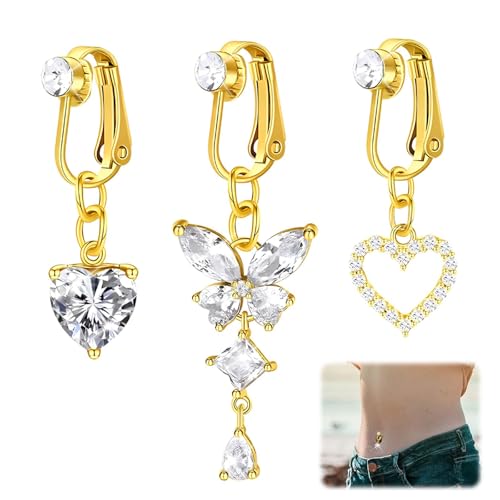 TINGTING 3 Stück Fake Bauchnabelpiercing Gold – Clip On Bauchnabelpiercing Ohne Loch, Schmetterling Herz Mond Design, Fake Piercing Für Damen Frauen