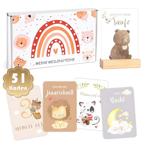 MINISONA 51 Meilensteinkarten Baby, Erinnerungsboxen für Babys,mein erstes Jahr,Geschenkbox für Jungen & Mädchen, Meilenstein Karten Set zur Geburt, Taufe