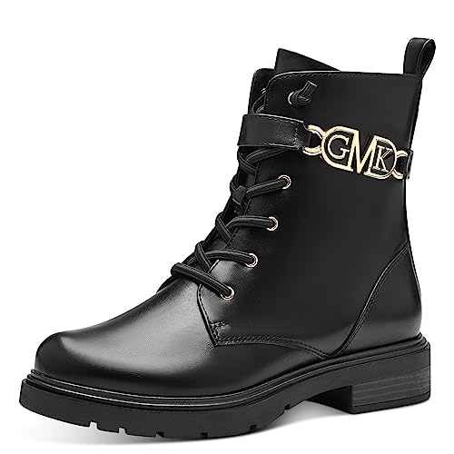 MARCO TOZZI by Guido Maria Kretschmer Damen Stiefeletten zum Schnüren aus Kunstleder mit Reißverschluss, Schwarz (Black/Gold), 38 EU