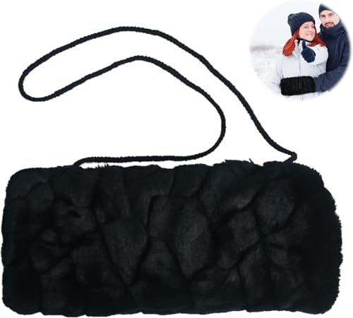 Qooloo Armwärmer Muffs,Kunstpelz Muff Handwärmer,Winter-Handwärmer,handmuff damen,Baumwollkordel,mit Lanyard Reißverschluss,für Handwärmer im Innen und Außenbereich im Winter(Schwarz)