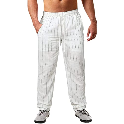 Hehiy Herren Hose Baumwolle Leinen Hosen Elastische Taillen Strand Hosen Haremshose Yogahose Freizeit Hose Jogginghose Herren Sommer WeißE Leinenhose Herren Herren Jogginghose Lang