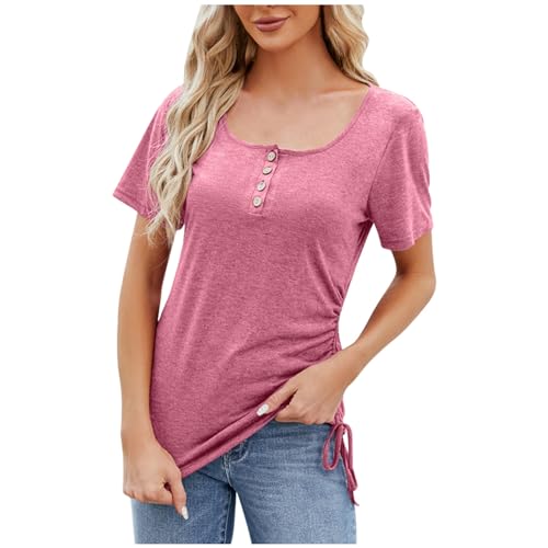 Einfarbige T-Shirts Damen Frühling/Sommer Damen T-Shirt-Oberteil mit Leiste, U-Ausschnitt Kordelzug, kurzärmlig, entspannt Damen T-Shirt Sommer (Pink, L)