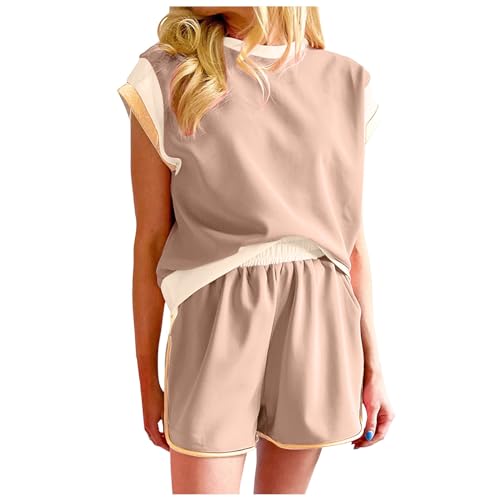Fitnesskleidung Für Damen Set Damen, lässig, Rundhalsausschnitt, kurzärmlige Oberteile, Blusen Shorts mit kontrastierenden Kanten, Prints, Taschen Partner Schlafanzug(Khaki,L)